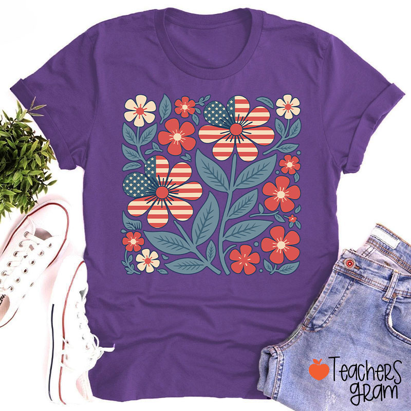 Boho Patriotic Daisy Teacher T-Shirt