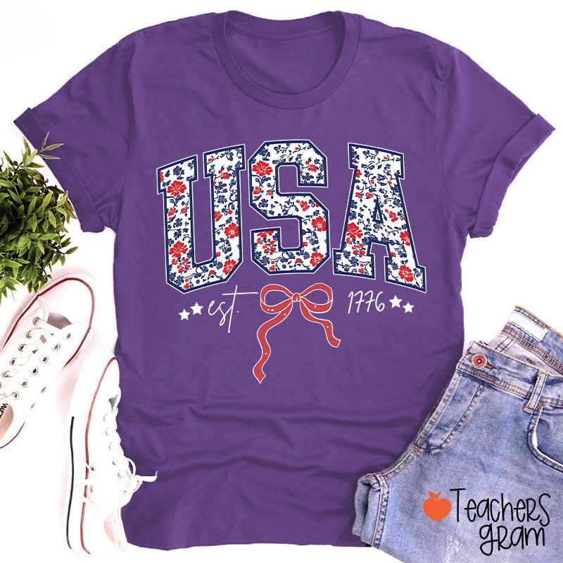 Floral USA Coquette Patriotic Teacher T-Shirt