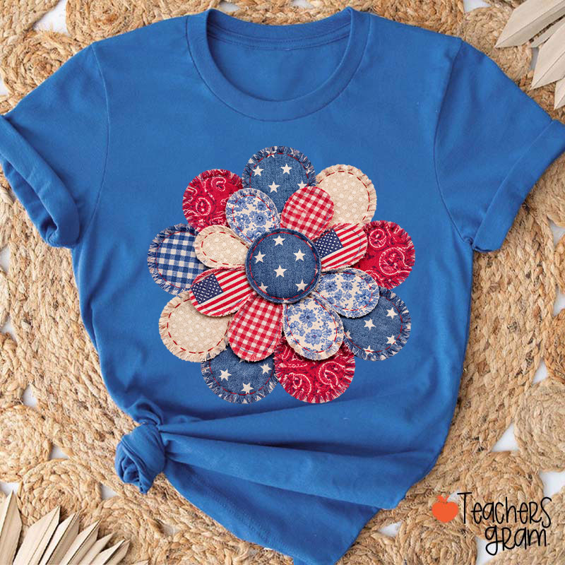 Faux Patchwork American Flag Flower Teacher T-Shirt