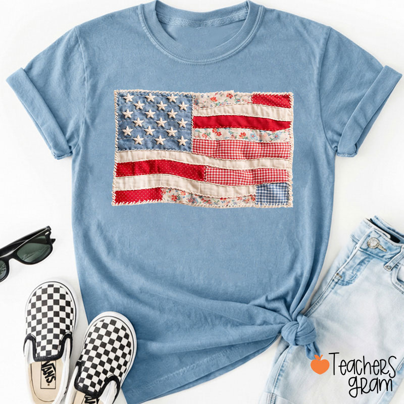 Faux Patchwork American Flag Teacher T-Shirt