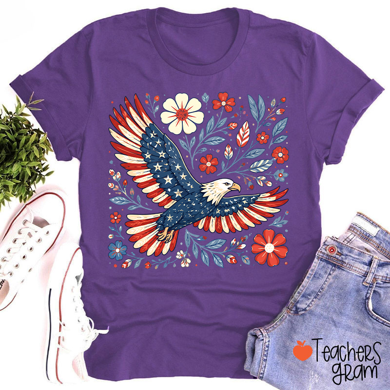 Patriotic Eagle Floral Teacher T-Shirt