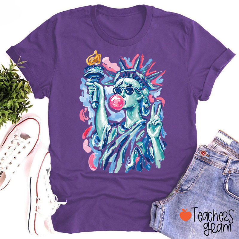 Preppy Statue Of Liberty Blowing Bubble Teacher T-Shirt