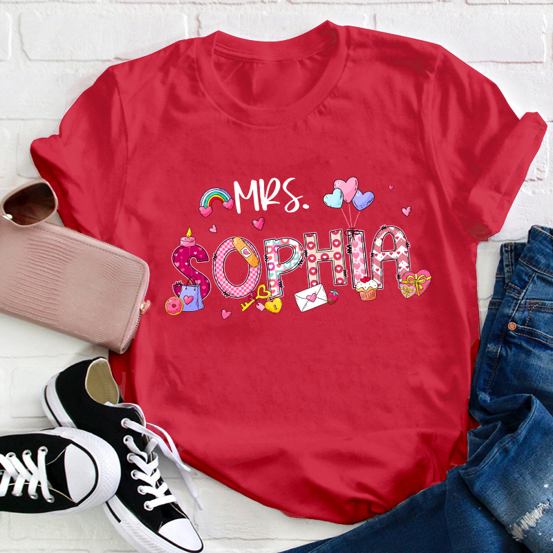 Personalized Pink Love Valentine Teacher T-Shirt