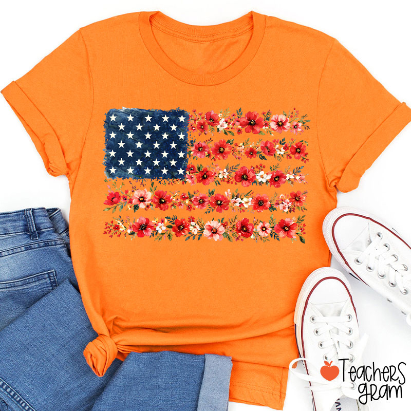American Flag Wild Flower Teacher T-Shirt