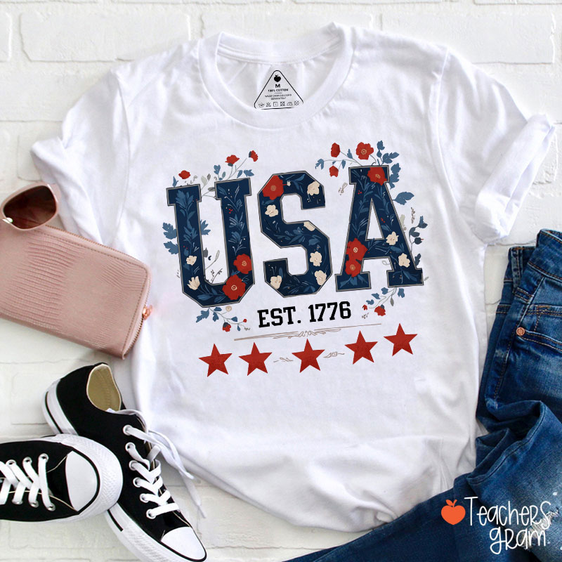 Floral USA Est 1776 Teacher T-Shirt