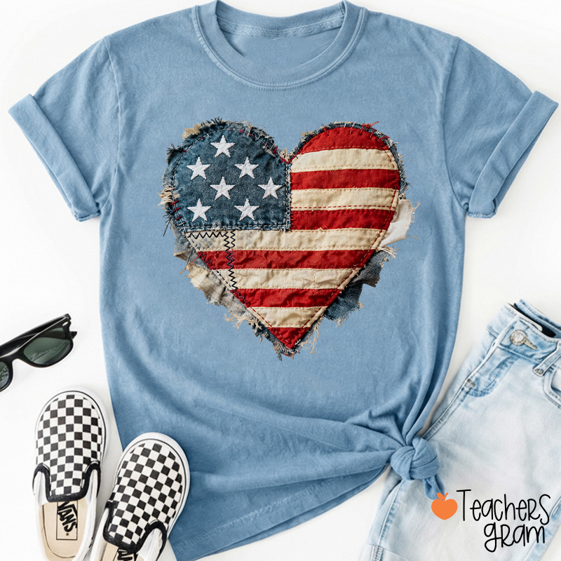 Faux Patchwork American Flag Heart Teacher T-Shirt