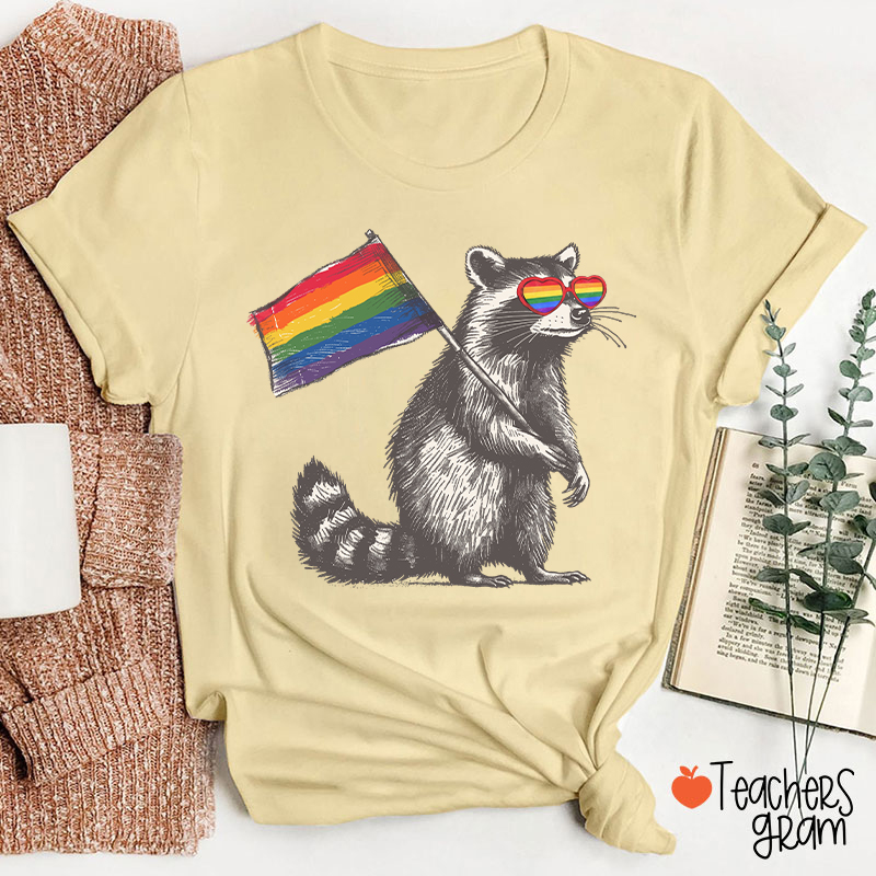 Funny Raccoon Rainbow Flag Pride Teacher T-Shirt