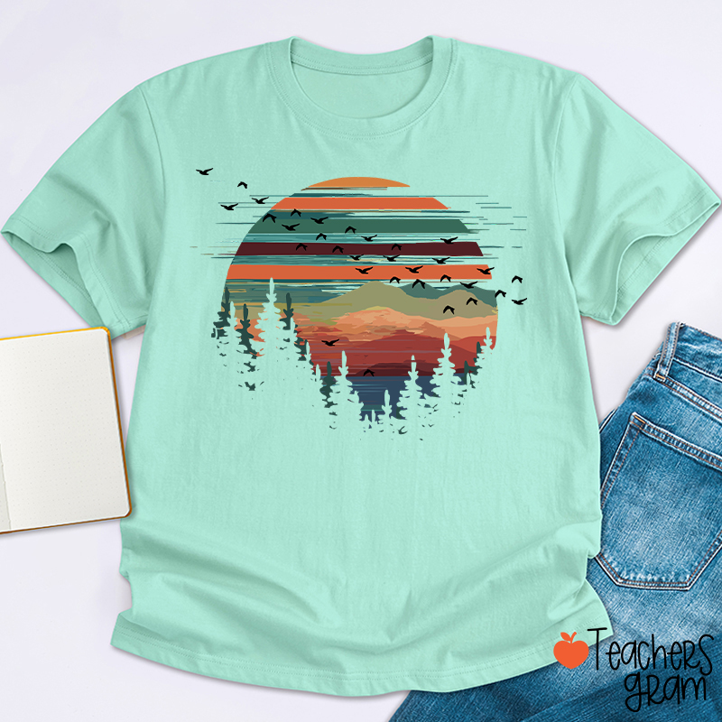 Retro Mountain Sunset Forest And Birds Teacher T-Shirt