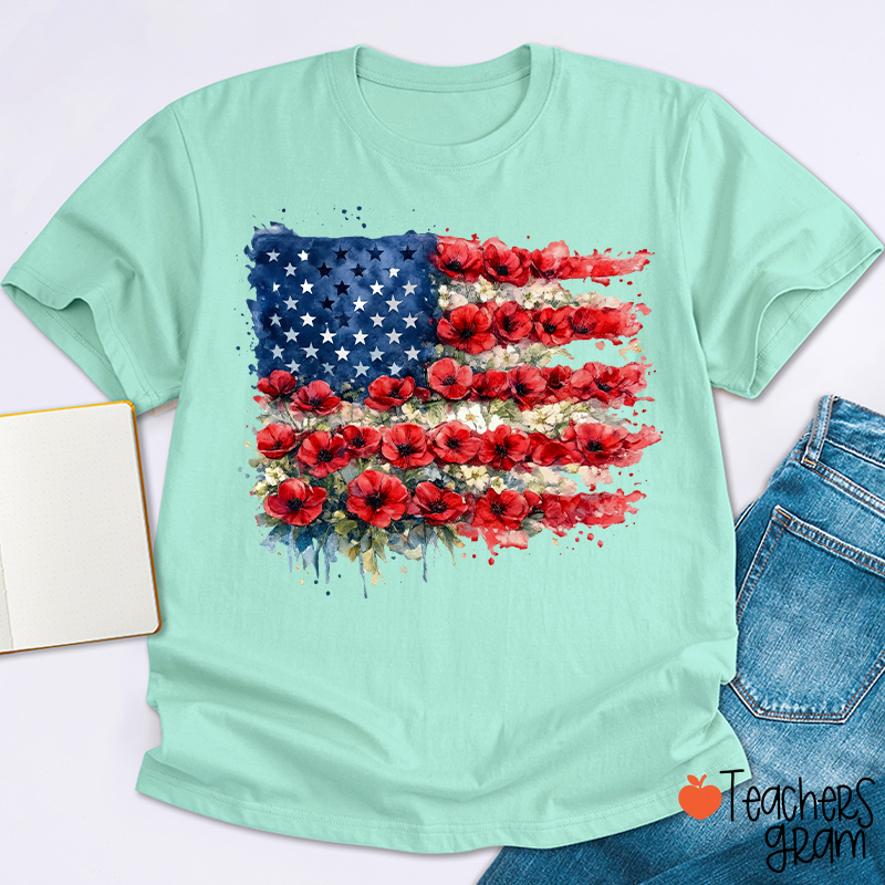4th Of July Floral American Flag Teacher T-Shirt