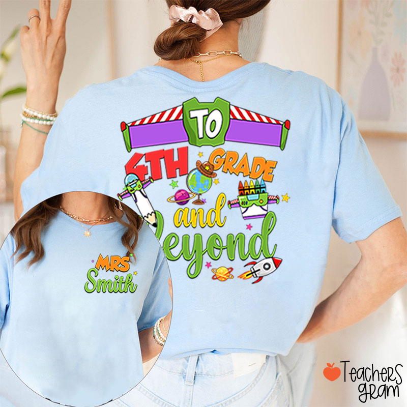 Personalized Grade Cartoon School Supply Rocket Teacher Two Sided T-Shirt