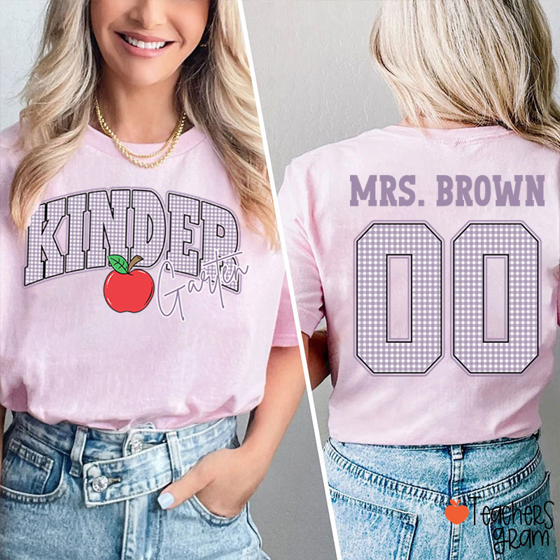 Personalized Grade And Name Checkered Letter Apple Teacher Two Sided T-Shirt