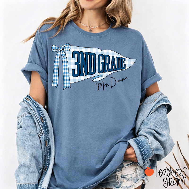 Personalized Grade And Name Gingham Bow Pennant Teacher T-Shirt