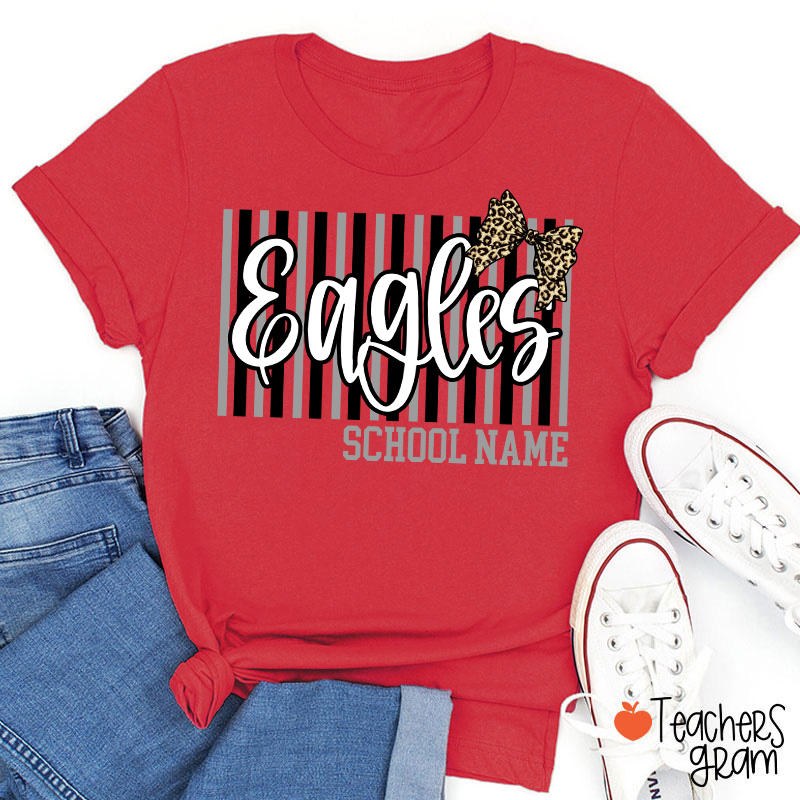 Personalized School Mascot Stripe Leopard Bow Teacher T-Shirt