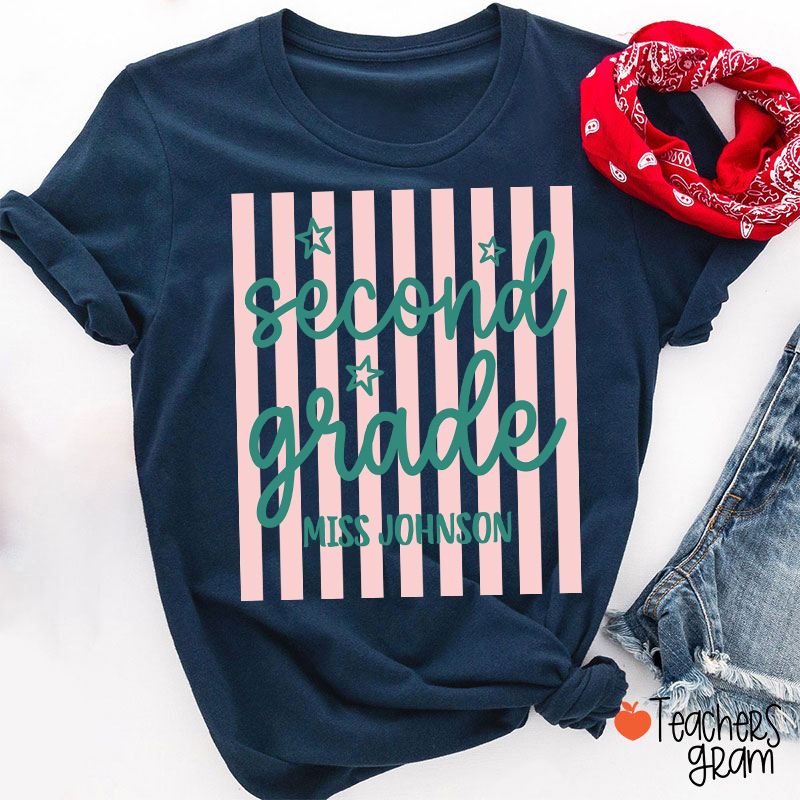 Personalized Grade Blue Gingham Stripes Teacher T-Shirt
