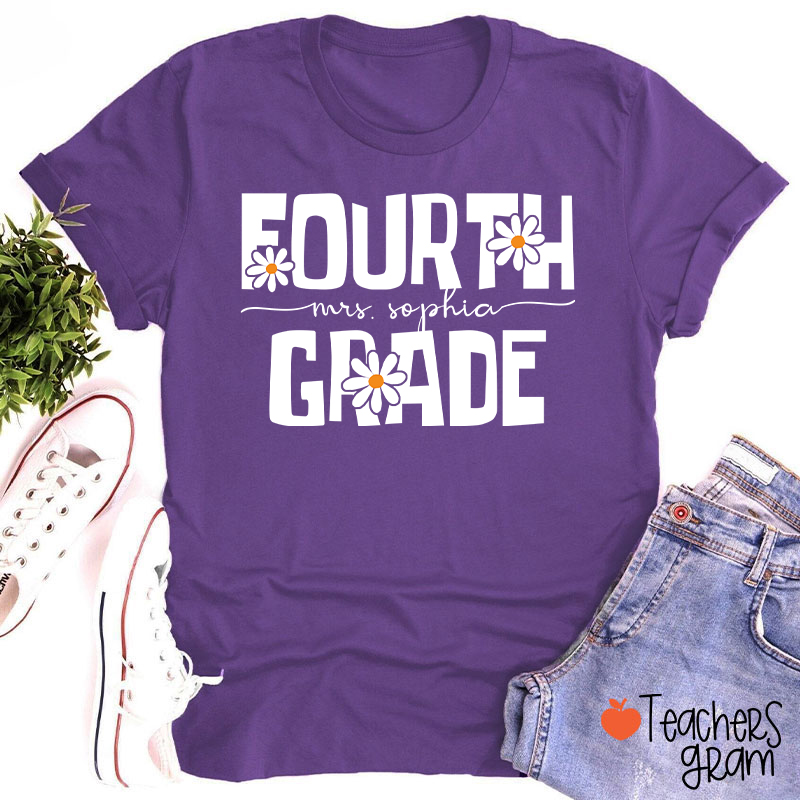 Personalized Name And Grade Daisy Floral Teacher T-Shirt