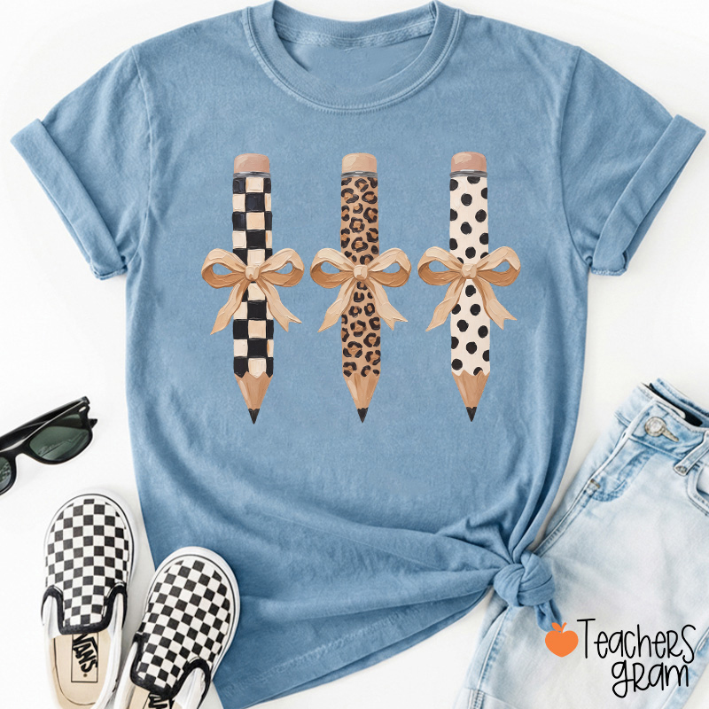 Checkerboard Leopard And Polka Dot Bow Pencil Teacher T-Shirt