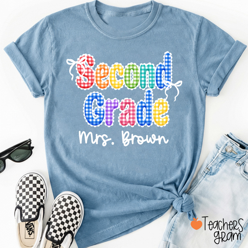 Personalized Grade Name Rainbow Gingham Teacher T-Shirt