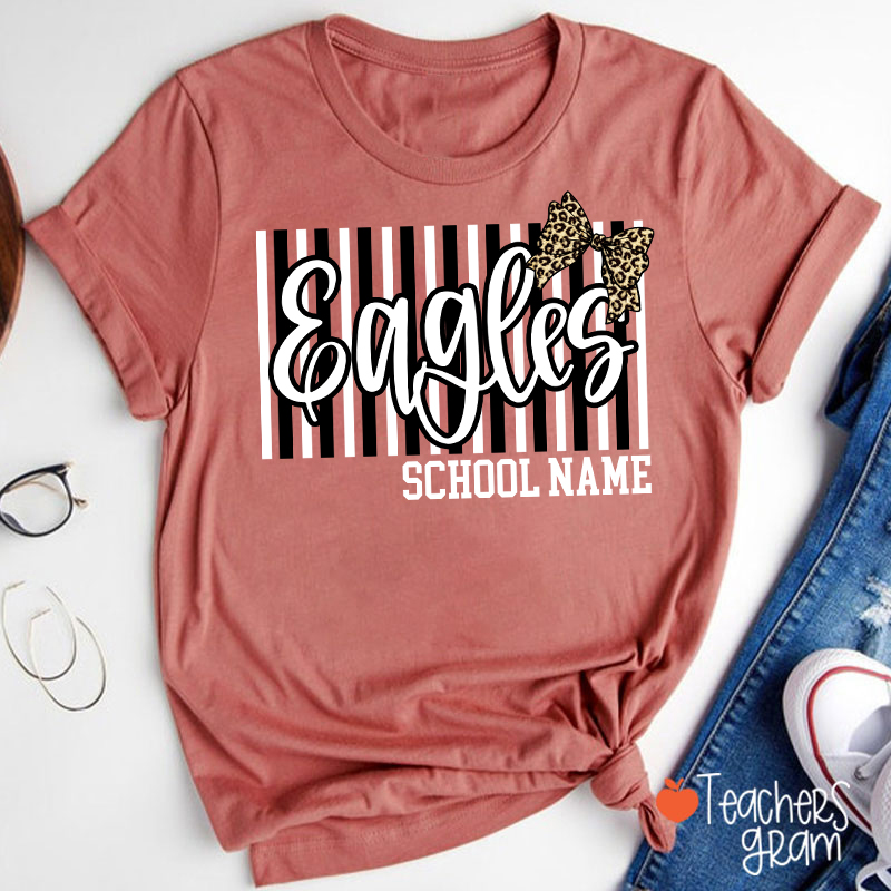 Personalized School Mascot Stripe Leopard Bow Teacher T-Shirt