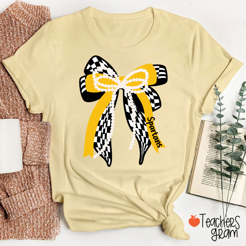 Personalized Mascot Cute Bow School Spirit Graphic Teacher T‑Shirt
