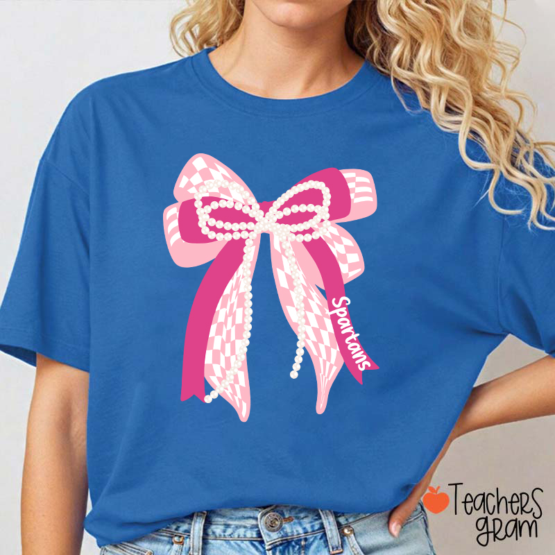 Personalized Mascot Cute Bow School Spirit Graphic Teacher T‑Shirt