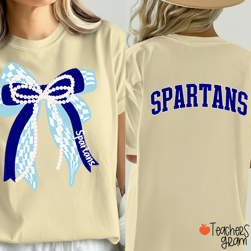 Personalized Mascot Varsity Curved Bow Theme Teacher Two Sided T-Shirt