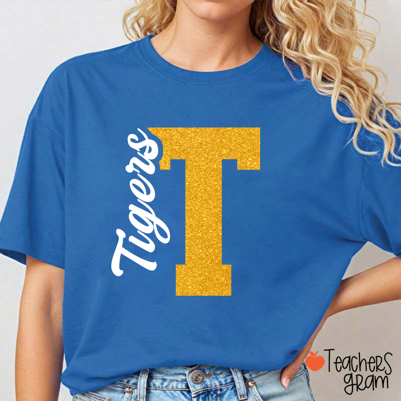 Personalized Mascot Initial Glitter Print Puff Printed Teacher T‑Shirt
