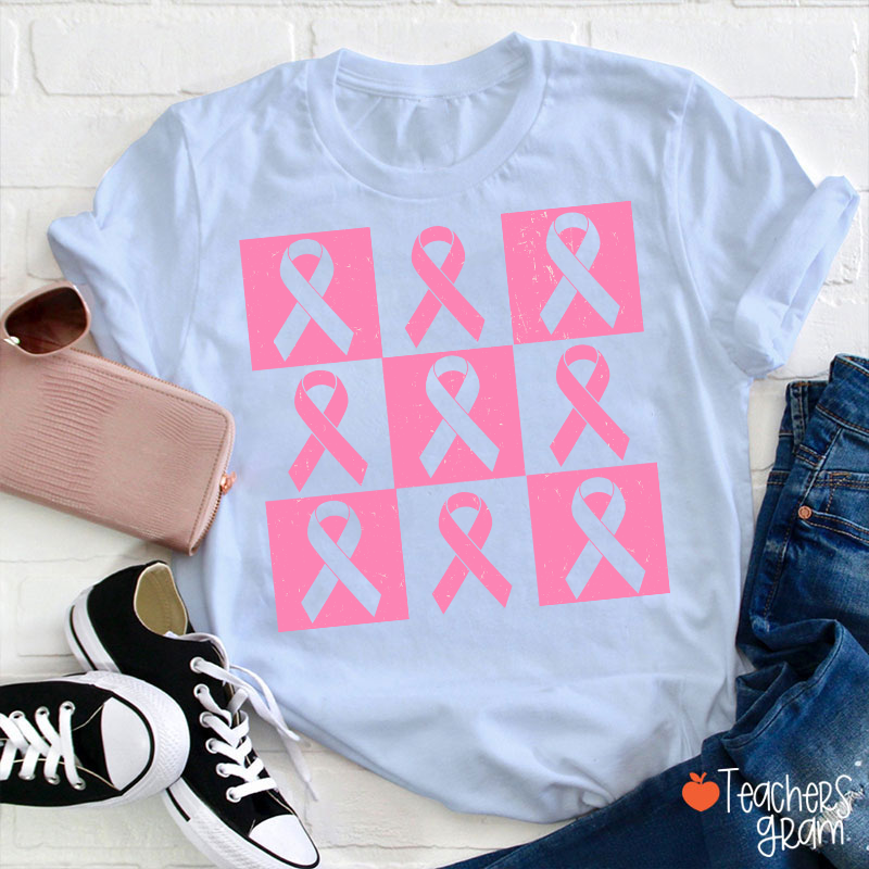 Pink Ribbon Breast Cancer Awareness Teacher T-Shirt