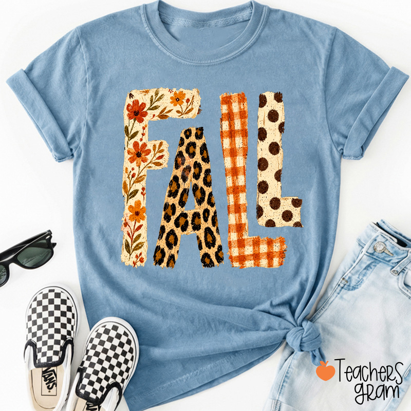 Vintage Patchwork Fall Letter Teacher T‑Shirt