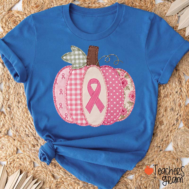 Pink Faux Patchwork Pumpkin Ribbon Teacher T‑Shirt