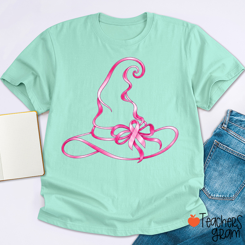 Halloween Witch Hat Pink Ribbon Breast Cancer Support Teacher T‑Shirt