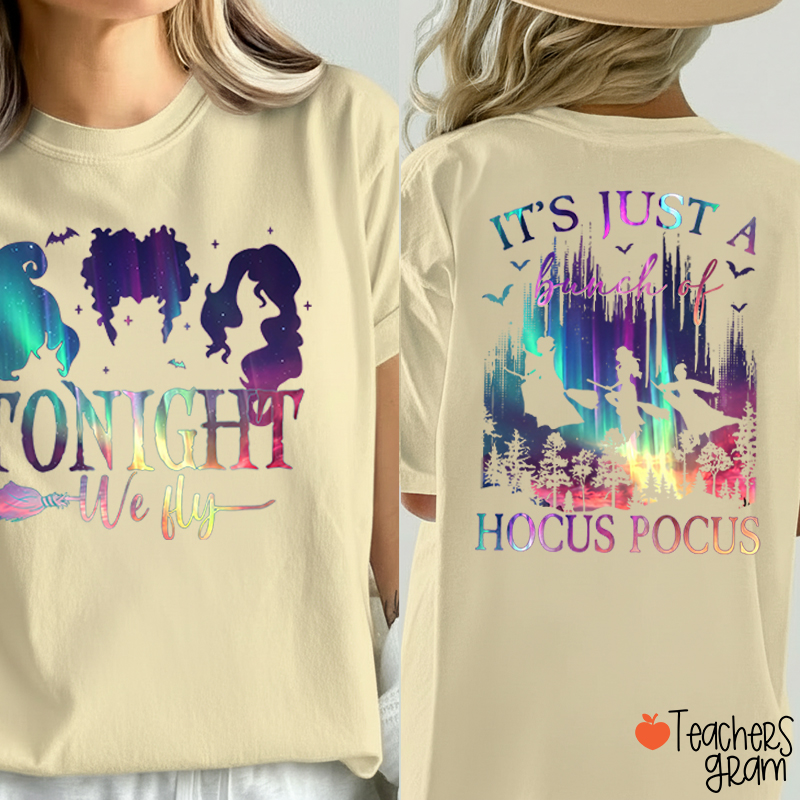 Tonight We Fly Witch Silhouette Broom Bat Teacher Two Sided T‑Shirt