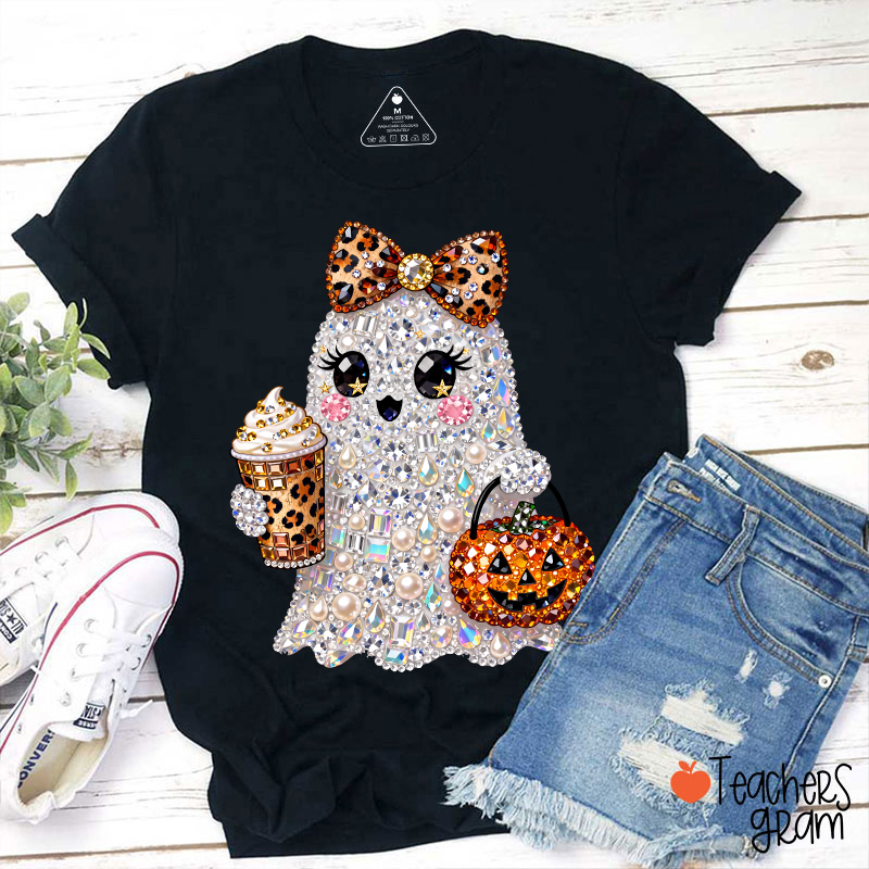 Faux Rhinestone Ghost Leopard Bow Coffee Pumpkin Teacher T-Shirt