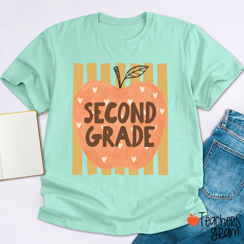 Personalized Grade Heart Apple Vertical Stripe Teacher T-Shirt
