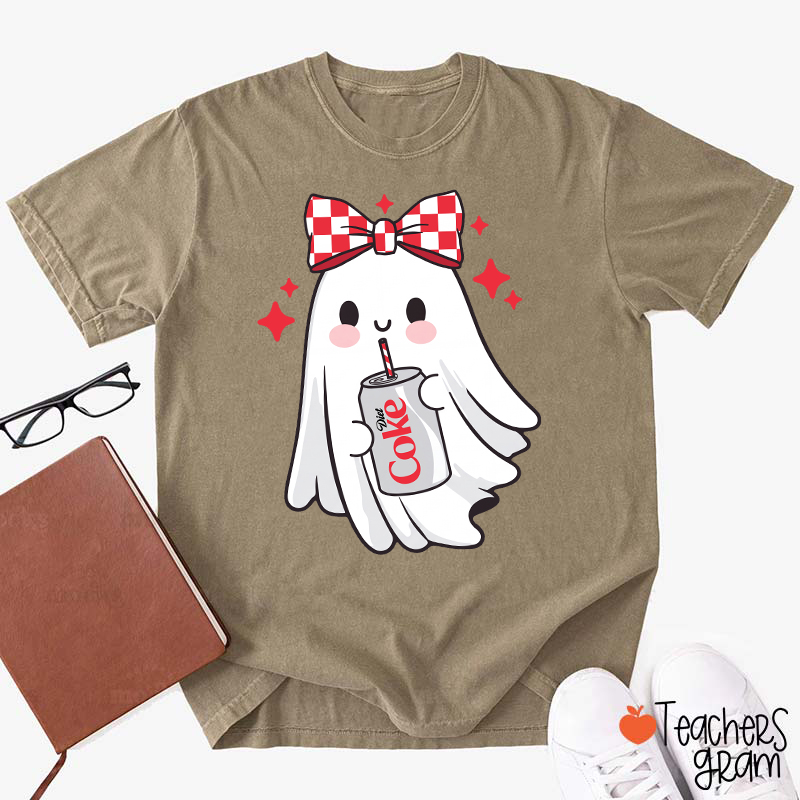 Cute Ghost With Red Checkered Bow Soda Drink Halloween Teacher T-Shirt