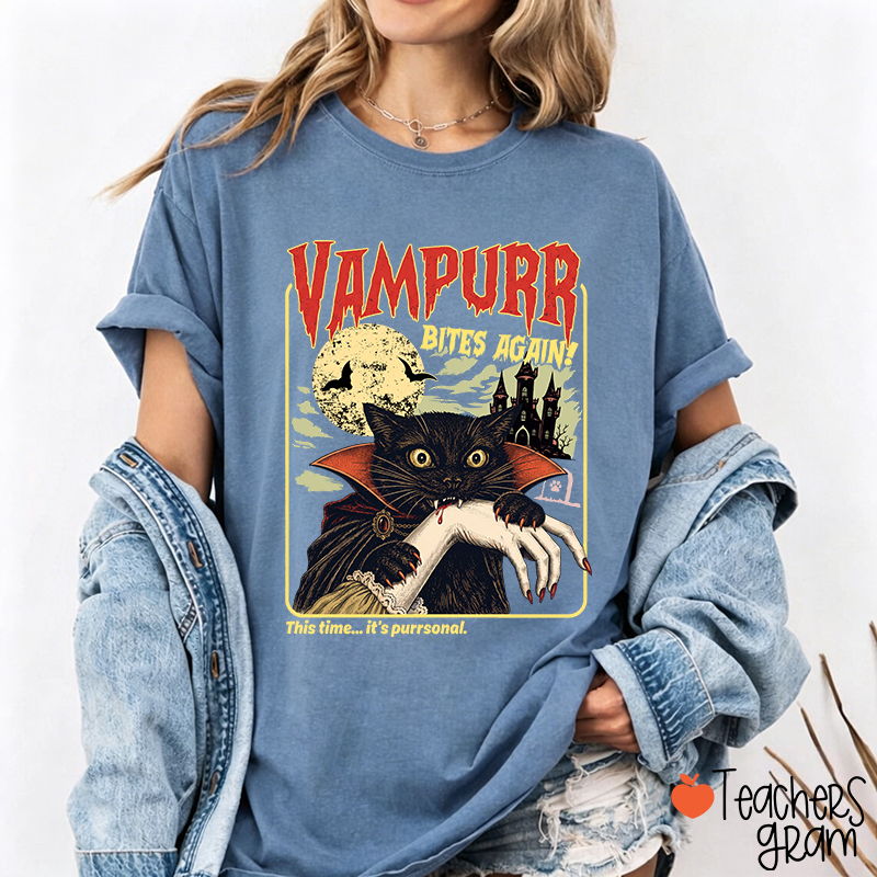 Vampurr Bites Again Vampire Black Cat Halloween Teacher T-Shirt