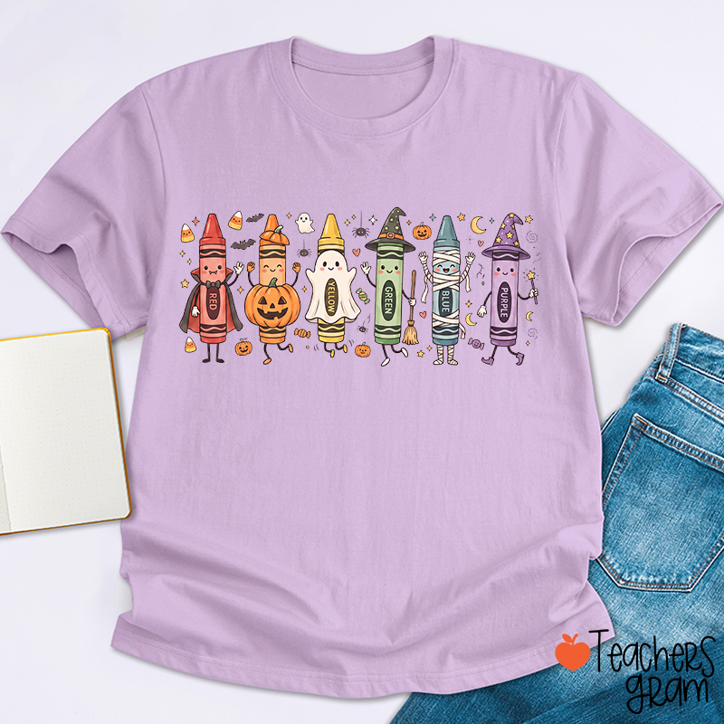Halloween Cartoon Crayons Character Teacher T-Shirt