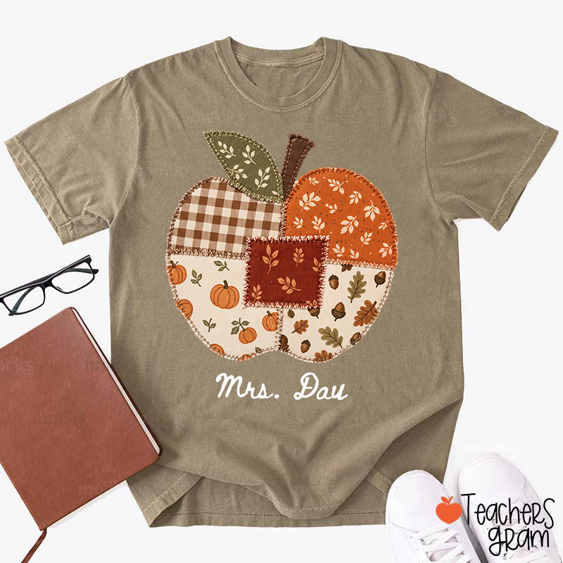 Personalized Name Faux Patchwork Punkpkin Teacher T-Shirt