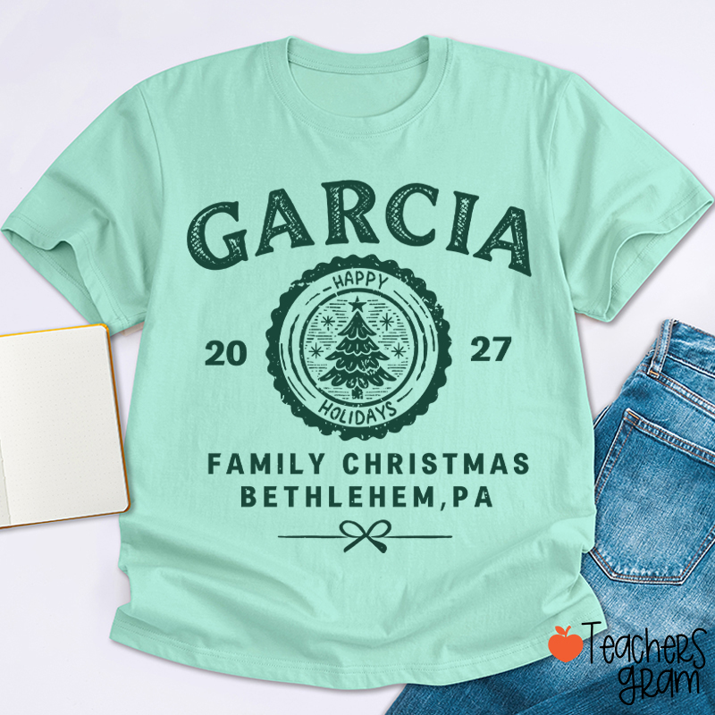 Personalized Vintage Family Christmas Crest Teacher T-Shirt