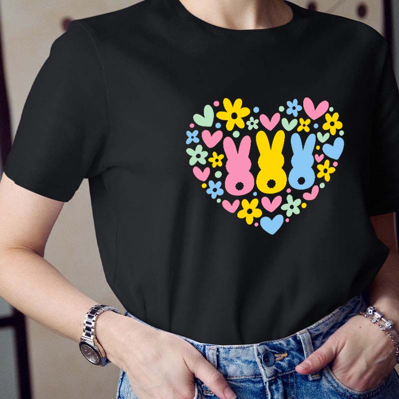 Floral Bunnies Heart Teacher T-Shirt