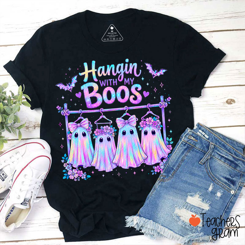 Hangin With My Boos Pastel Tie‑Dye Ghost Floral Bow Bat Halloween Teacher T‑Shirt
