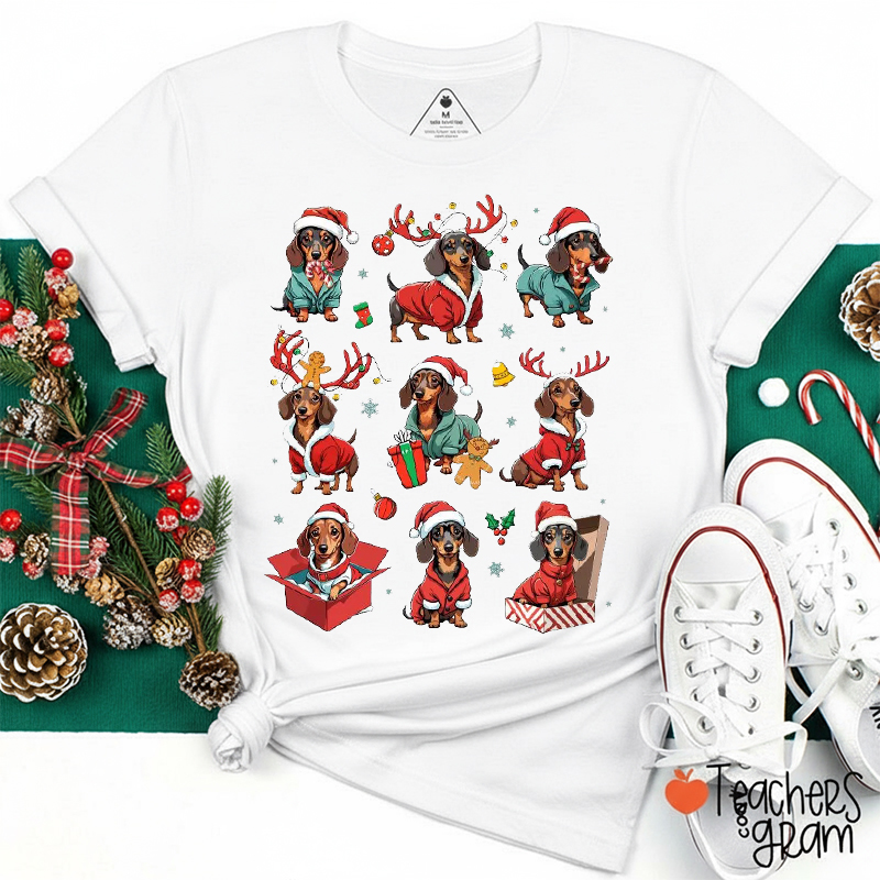 Cute Sausage Dog Merry Christmas Teacher T-Shirt