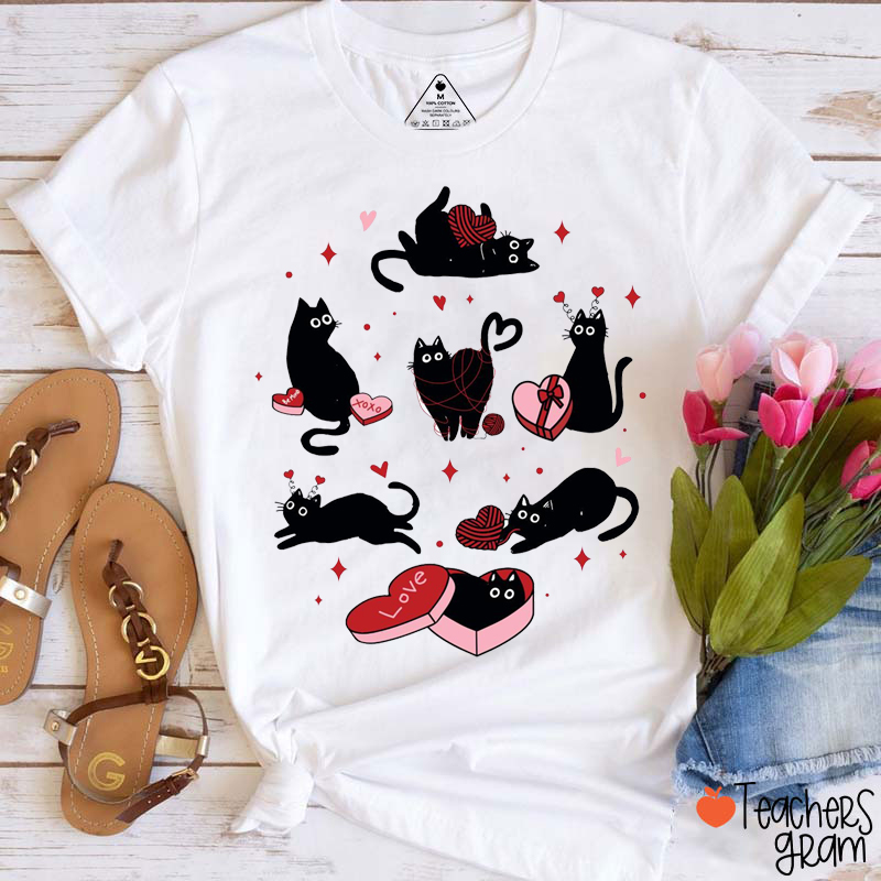 Cute Cat Valentines Day Teacher T-Shirt