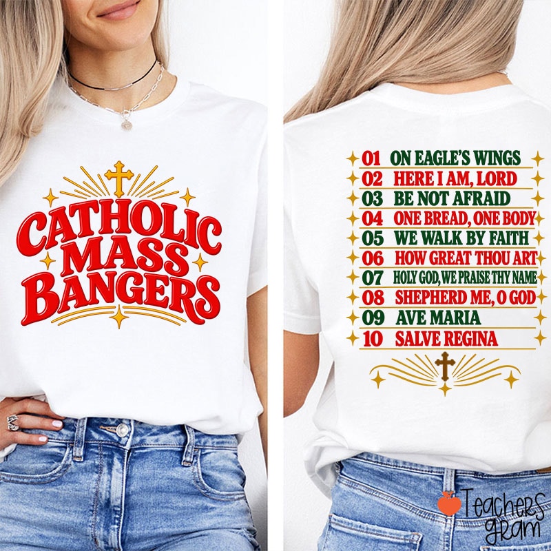 Retro Catholic Mass Bangers Teacher Two Sided T-Shirt