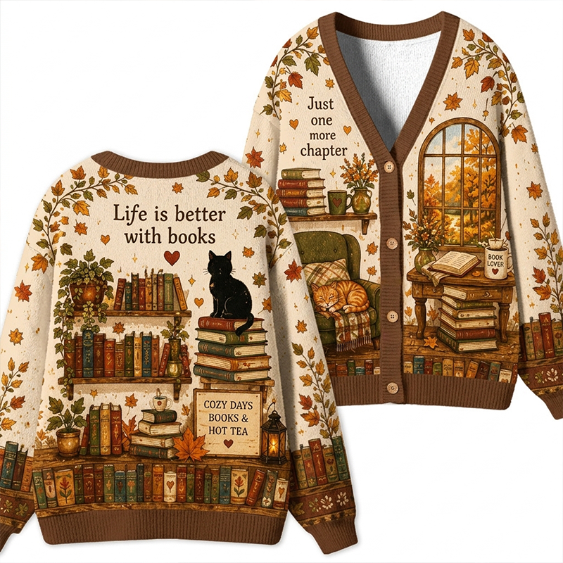 Just One More Chapter Vintage Book Lover Fall Foliage Plant Teacher Cardigan Sweater