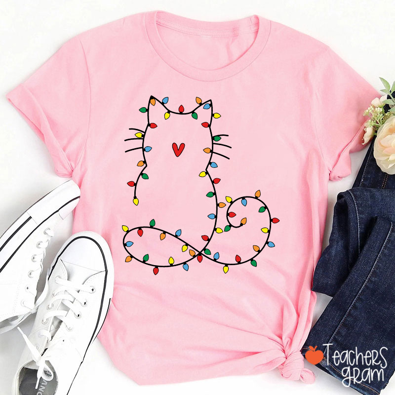 Cute Cat Christmas Lights Teacher T-Shirt