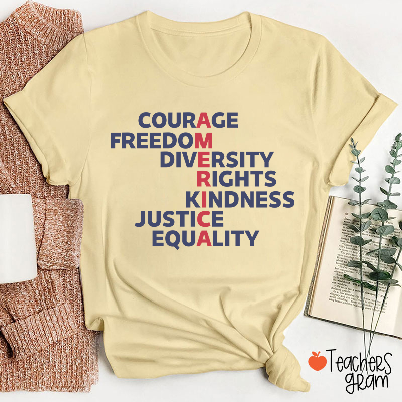 Courage Freedom Diversity Right Kindness Justice Equality America Teacher T-Shirt