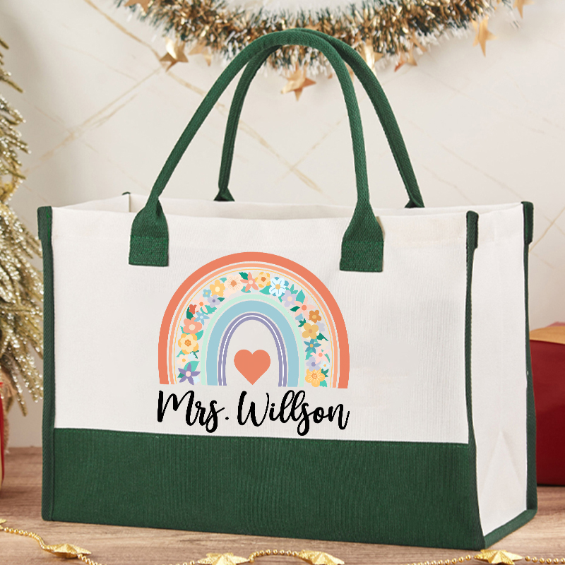 Personalized Flower Rainbow Teacher Cotton Tote Bag