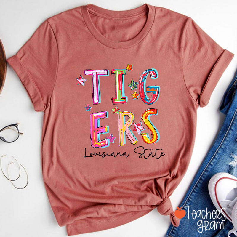 Personalized Mascot And School Name Star Watercolor Brushstrokes Teacher T-Shirt