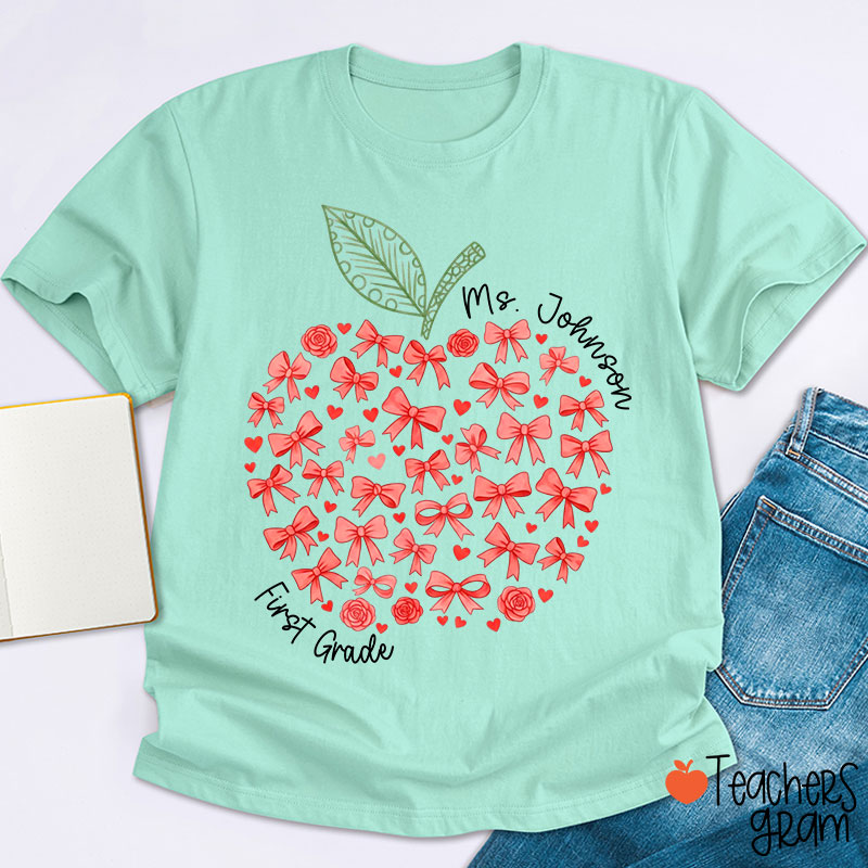 Personalized Name Or Grade Bow Apple Teacher T-Shirt