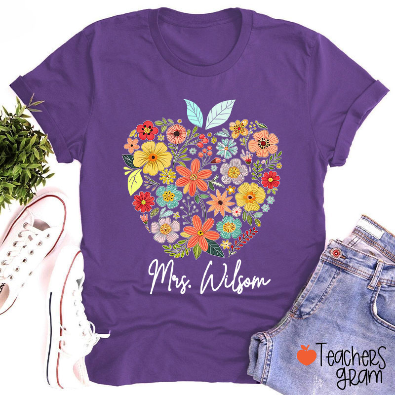 Personalized Floral Apple Name Teacher T-Shirt